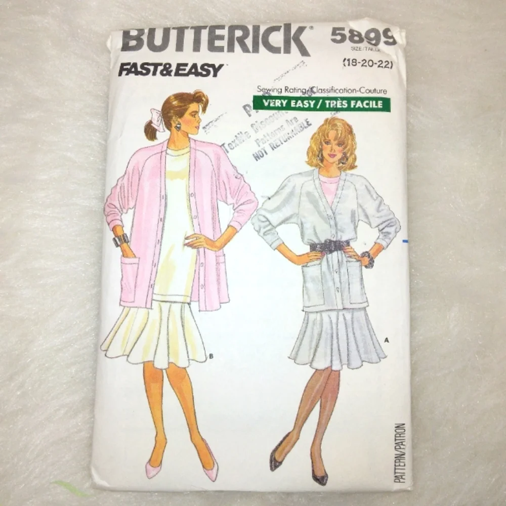 Butterick 5899 EASY Cardigan, Top Skirt Size 18-20-22. Fast & Easy